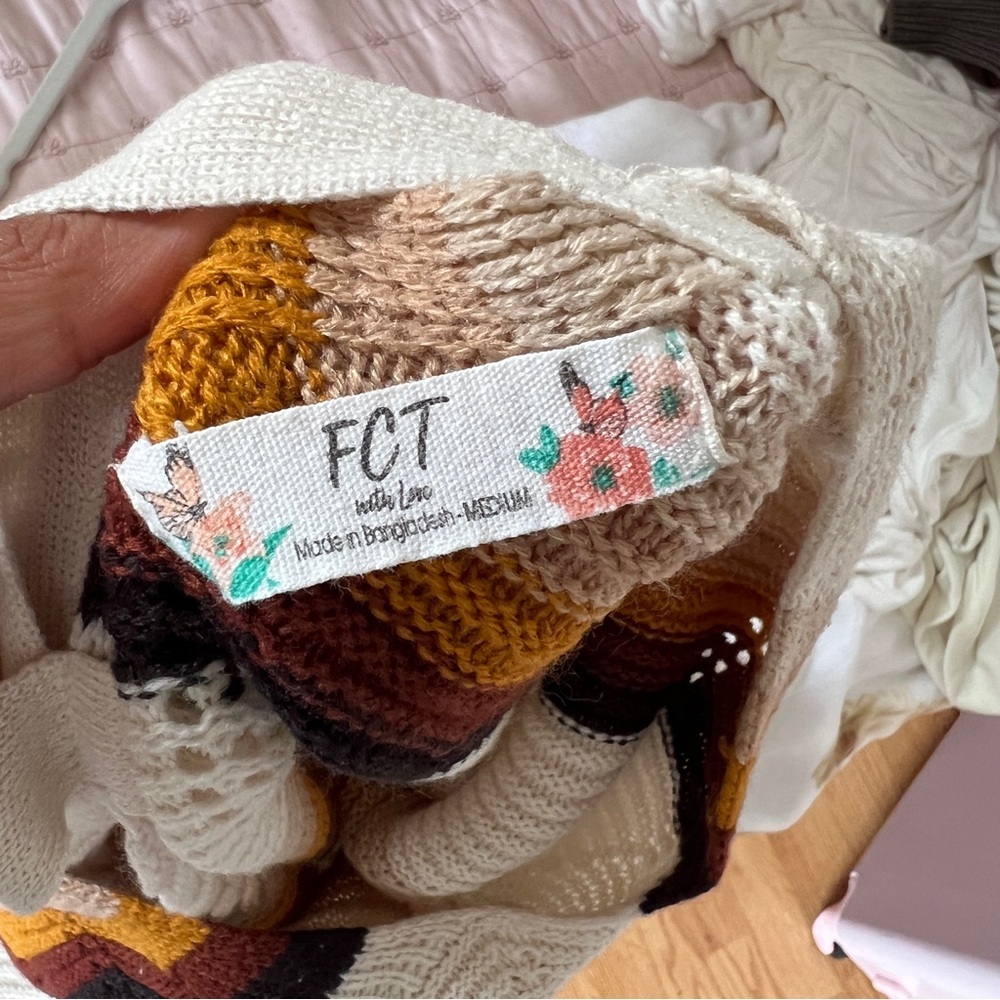 Striped V-Neck Sweater in Cream, Brown, and Orange - Picture 2 of 4